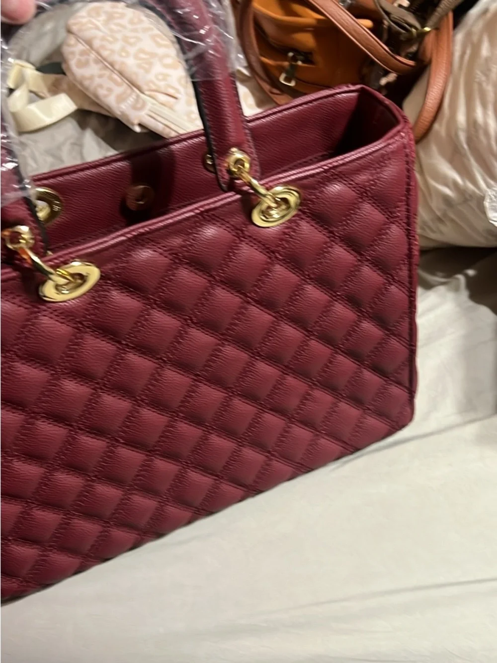 Quilted Burgundy Leather Tote with Gold Hardware - Unbranded